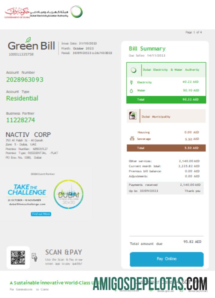 Projeto de lei de serviços públicos da Autoridade de Eletricidade e Água de Dubai SCR Página 1 modelo